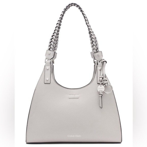 CALVIN KLEIN Shelly Novelty Satchel Women’s Leather Bag Dove Gray AUTHENTIC NEW - Picture 2 of 14